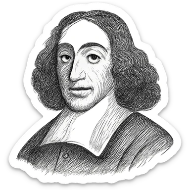 Enhance the Spinoza black outline icon with highly detailed and refined facial features, long curly hair, and a 17th-century collar. Maintain the hand-drawn black outline style with no fill. Ensure the eyes are even and natural, preserving the original style's delicate line work and transparency. sticker