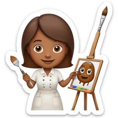 artist painting a poop emoji on an easel sticker