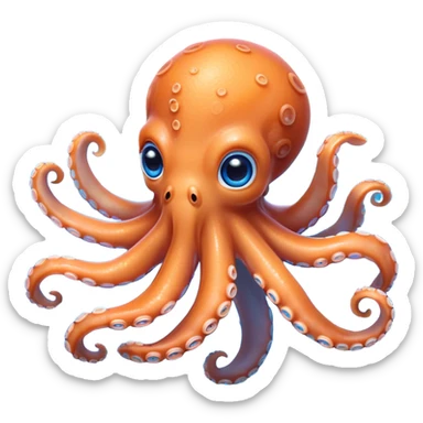 Cinematic Cute Octopus Portrait Emoji, Head tilted playfully and inquisitively, featuring a rounded, light orange body embellished with playful blue rings, eight adorably curling arms, and big, twinkling eyes full of wonder, Simplified yet irresistibly adorable features, highly detailed, glowing with a warm, inviting underwater glow, high shine, affectionate and lively, stylized with a touch of whimsical cartoon charm, soft glowing outline, capturing the essence of a mischievous yet loving octopus that seems as if it could bob out of the screen into your arms! sticker