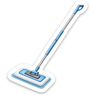 A household floor mop with a handle and cleaning pad sticker