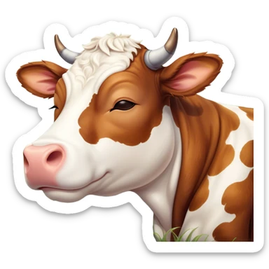 Meme-Worthy Cute Sleeping Brown and White Cow Portrait Emoji, Head resting peacefully with a contented smile, showcasing a robust build and a luxuriously soft patterned hide of brown and white, eyes shut in a serene, restful nap, Simplified yet hilariously adorable features, highly detailed, glowing with a soft, drowsy light, high shine, relaxed and utterly lovable, stylized with an air of playful laziness, bright and heartwarming, soft glowing outline, capturing the essence of a comically sleepy cow, so meme-worthy it feels like it could instantly become the next viral sensation of adorable slumber! sticker