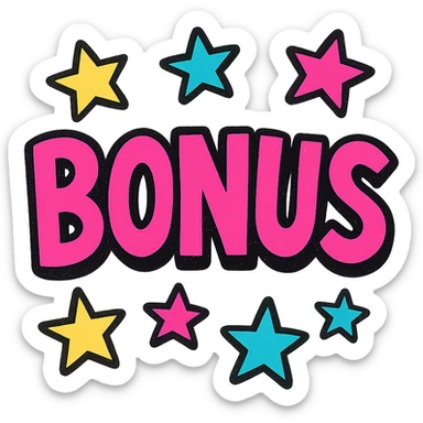 the word BONUS in large letters, all the same vibrant color, surrounded by stars, no background or sign behind, just the letters and stars, vibrant cartoon style sticker