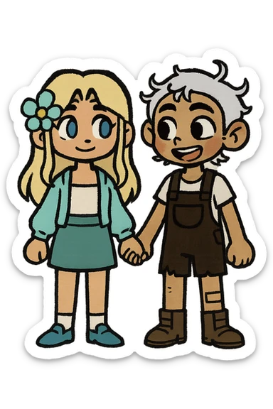 Combine these two cartoon characters as a couple, both standing front and side by side, matching their style, with a transparent background. The style should harmonize the look of both characters in a cohesive cartoon style. sticker