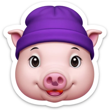 pig wearing a purple beanie, long straight black hair sticker