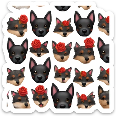 Bokeh Midnight starry night stars dark Brindled striped brindle black German shepherd fox carrying glowing red lantern, fairy lights, rose flower crown, bokeh lights, out of focus blur sticker