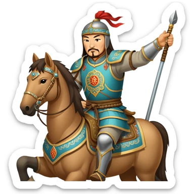 Genghis Khan on horseback with traditional Mongolian armor sticker