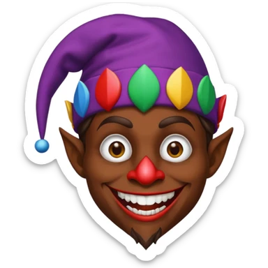 Dark brown skin medieval jester with white pupils and fangs sticker