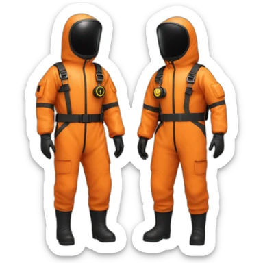 2 persons in orange Orange hazmat suit, black boots, belt with pouches sticker