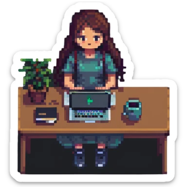 girl working on a MacBook, pixel art style sticker