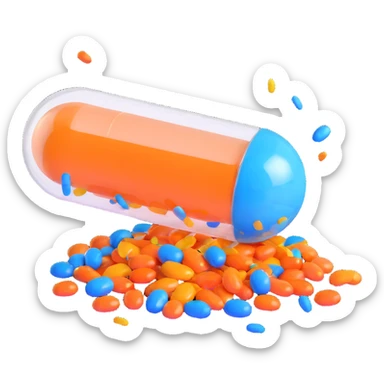 celebration emoji with a glossy orange and blue medical capsule split in half with shiny, multicolored confetti exploding out, capsule floating, confetti dynamic, playful, high-quality 3D style sticker
