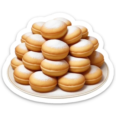 Cinematic Realistic image of simple round buñuelos, depicted with a lightly crisp, golden exterior and soft, airy interior, dusted with a subtle layer of powdered sugar and set against a rustic backdrop with warm, inviting lighting. sticker
