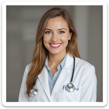 realistic female doctor, smiling, white coat, stethoscope, neutral background sticker