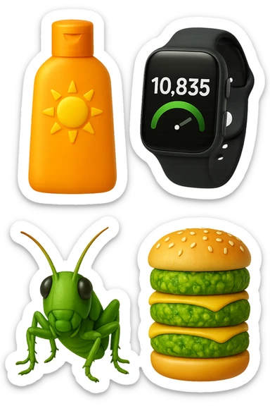 emoji stile iphone di una boccetta di CREMA SOLARE, UNO SMARTWATCH CONTAPASSI, UN GRILLO, UNA TORRETTA DI HAMBURGER FATTI CON I PISELLI, IPERREALISTICO 4K sticker