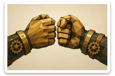 two mechanical hands in a steampunk style giving a fist bump, gears and brass details, vintage industrial look sticker