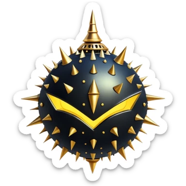 A spherical bat spooky creature covered in retractable pyramid-shaped spines that can detach and orbit around its core body, which appears as a translucent orb filled with swirling golden particles. sticker