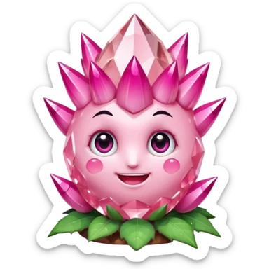 A single cute pink crystal cluster character, chunky round base with many tall rose-pink crystal spikes growing upward like a quartz cluster, faceted and slightly imperfect, on the front of the base a kawaii face with big shiny eyes and a happy open smile sticker