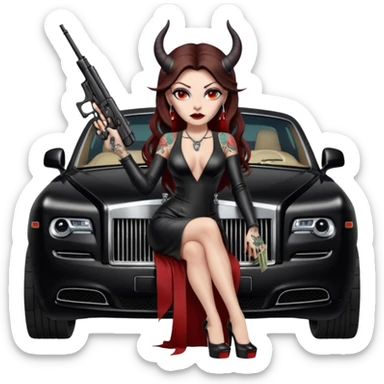 Lilith model red eye sexy black  devil horns.  long brown haired sexy succubus woman with leather long dress slit, sitting on rolls Royce. Wearing Black Platform high heels on feet. Tattoo sleeve arms, she has stacks of cash and a man dead human skull is on top of stack of cash and a gun in  hand sticker