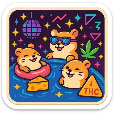 Make the pool party scene a night scene with a dark sky, glowing disco ball, neon pool lights, and sparkling stars. Keep the retro nostalgia style, weed, cheese, and THC theme, and preserve transparency if present. sticker