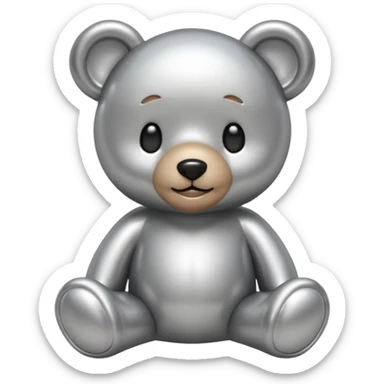 A cute teddy bear emoji made of liquid silver chrome, smooth rounded body, glossy metallic surface, soft reflections, friendly proportions, iOS emoji style, centered, clean white background sticker