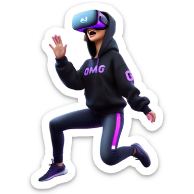 Russian girl wearing black hoody with violet letters "OMG", in vr headset oculus quest2. jumping. Cyberpunk style. Violet neon. sticker