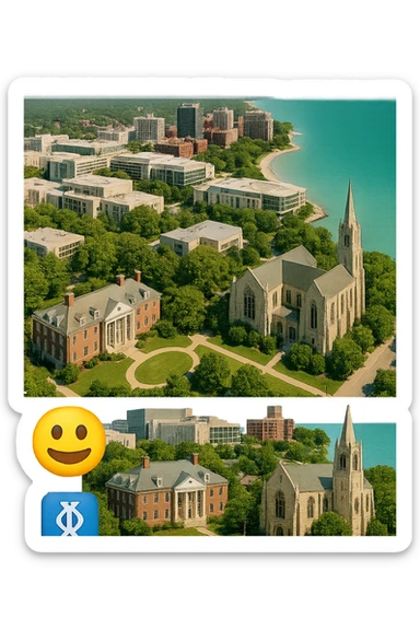 cinematic realistic emoji of Evanston, Illinois, city view with Northwestern University campus, Lake Michigan shoreline, downtown Evanston, Sigma Chi International Fraternity Headquarters building, and Levere Memorial Chapel (Sigma Alpha Epsilon HQ), lifelike detail, accurate colors, bright daytime, no sky, no clouds, transparent background sticker