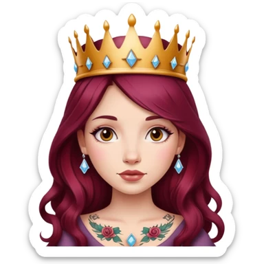 Beautiful tattooed long burgundy haired girl wearing a princess crown sticker