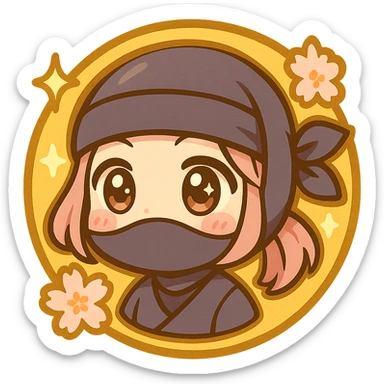 Make the badge look more anime style with bold anime-style highlights, shading, and linework for a vibrant, dynamic look. Keep the chibi ninja girl's face in the center, gold color, sakura flowers, sparkly effects, and overall badge shape. Transparent background, sized for Twitch or Discord use. sticker