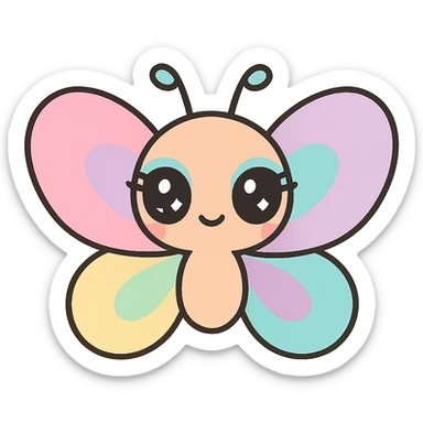 kawaii butterfly with big sparkling eyes, tiny body, pastel rainbow wings, cute and happy, bold eyeliner and colorful eyeshadow sticker