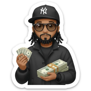 African American man with shoulder length black dreadlocks with black beard wearing black sunglasses wearing a black New York Yankees logo baseball Cap wearing a black bubble winter coat counting money in his hand sticker
