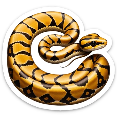 A photo-realistic top-down view of a Ball Python gently coiled into a tight spiral, with its head resting peacefully at the center. Its scales are warm brown with bold, irregular black markings, including the distinctive “alien-head” pattern, flowing smoothly along its body.  sticker