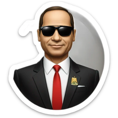 Egyptian President Al Sisi in a tuxedo wearing sun glasses with egyptian flag sticker