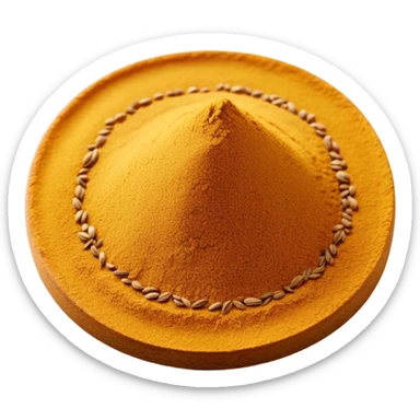 small pile of cumin powder, finely ground, ochre to golden-brown, soft uneven surface, powdery edges, dry and fresh, no shine, no anthropomorphic features, 3D-rendered sticker