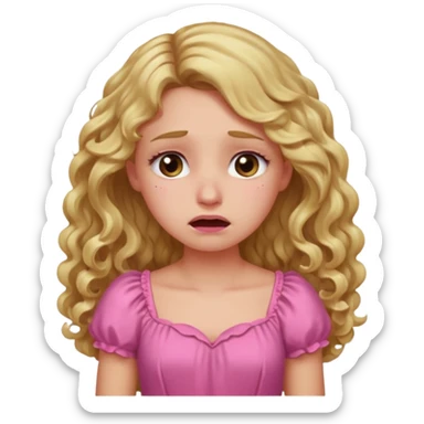 the girl is that criying she has brown eyes and blond long hair curly pink dress  sticker