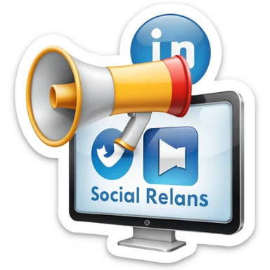 An icon featuring a megaphone, a press release, and a social media icon, symbolizing advertising and public relations. The design includes a billboard and communication network lines, representing brand promotion and media outreach. Transparent background highlights the power of communication. sticker