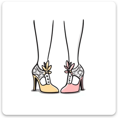 a pair of women's high heel shoes with elegant details, pastel colors dd9fb0, ffc6d3, a3bfc9, c4bee2, f1b091, detailed hand-drawn doodle style sticker