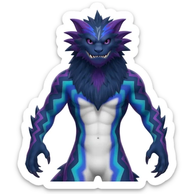 zig-zag-patterned striking indigo-violet-blue-cyan-gradiented with dark undertones, white underside, thunderous stormy edgy badass realistic Vernid-Sergal-Genet-Trico-fantasy-creature-species by LiLaiRa, full body sticker