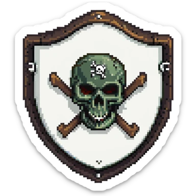 Shield badge with a skull and crossbones and a padlock symbol for cybersecurity, dark color scheme, dangerous looking sticker