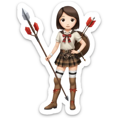 A Japanese girl wearing white thigh highs, plaid brown and black skirt that’s up to knees, arrow and bow in hand that’s labeled “DIANA”  sticker
