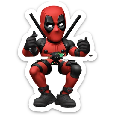 Deadpool holding xbox controller sitting at a desk, front view sticker