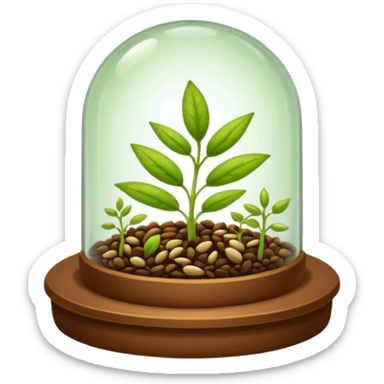 a pile of seeds at the right side and a germinating seed under a glass dome near . Transparent background sticker