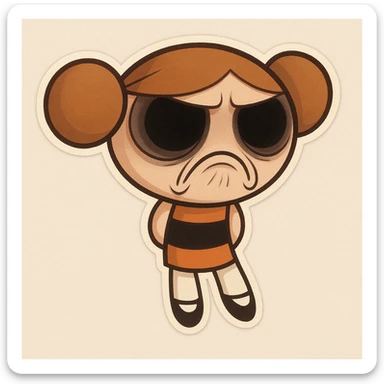 Add hollow, dark eyes and a twisted frown to the character, maintaining the original cartoon style and quality. sticker