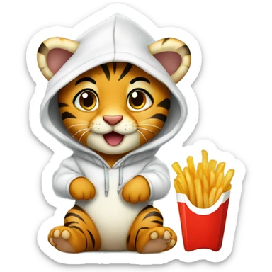 baby tiger with hoodie eating French fries sticker