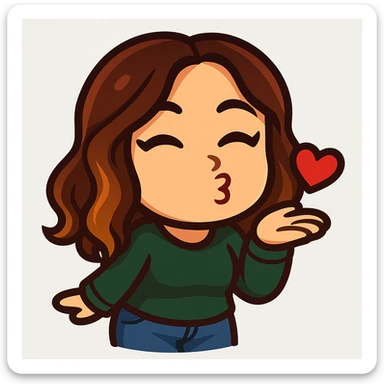 chibi emote of the woman from the reference images, wearing a green sweater and jeans, blowing a kiss, no headband, no wand, transparent background sticker