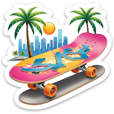 An icon featuring a skateboard resting on a smooth concrete surface. The background shows a sunny skate park with ramps, graffiti walls, and palm trees, creating an urban vibe. The skateboard is designed with vibrant colors and unique graphics. Transparent background  sticker