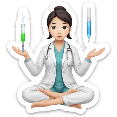 emoji of an asian woman with a single bun in a white lab coat sitting cross legged with micropipettes levitating above each hand. the tips should be pointing away from her and she should not be wearing a stethoscope sticker