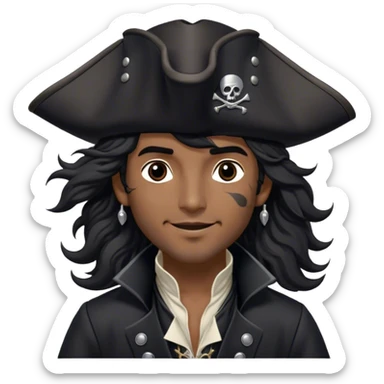A charismatic pirate with wavy black hair tousled by the breeze. His silver-embroidered tricorn hat casts a shadow. Dark eyes glint with mischief as he looks to the side, a knowing smile on his lips. His black coat, adorned with silver buttons, shifts with the wind sticker