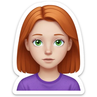 pale white teen girl with light blueish green eyes and freckles and purple shirt sticker