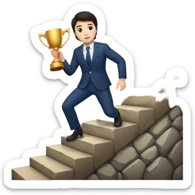 UN HOMBRE DE PIEL CLARA Y PELO OSCURO SUBIENDO ESCALERAS LARGAS PARA ALCANZAR UN TROFEO sticker