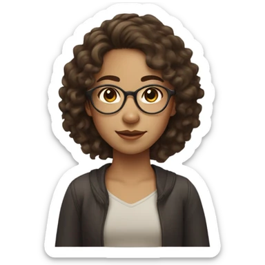 girl with curly - wavy brown hair, and thin golden glasses with chinese eyes and dark brown eyes sticker