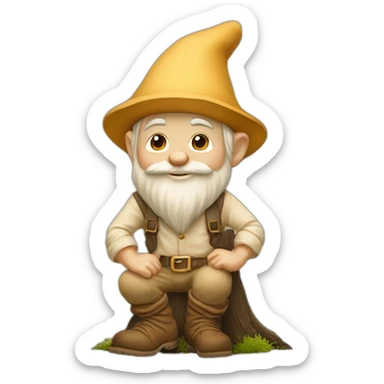 side view of gnome with light tan pants and light tan boots squatting above small brown log sticker